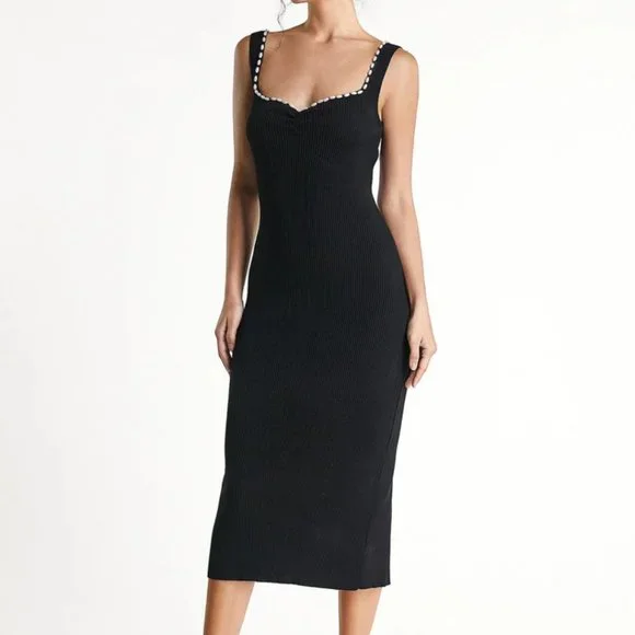 Black Midi Dress with White Faux Pearl Accents - Picture 4 of 5